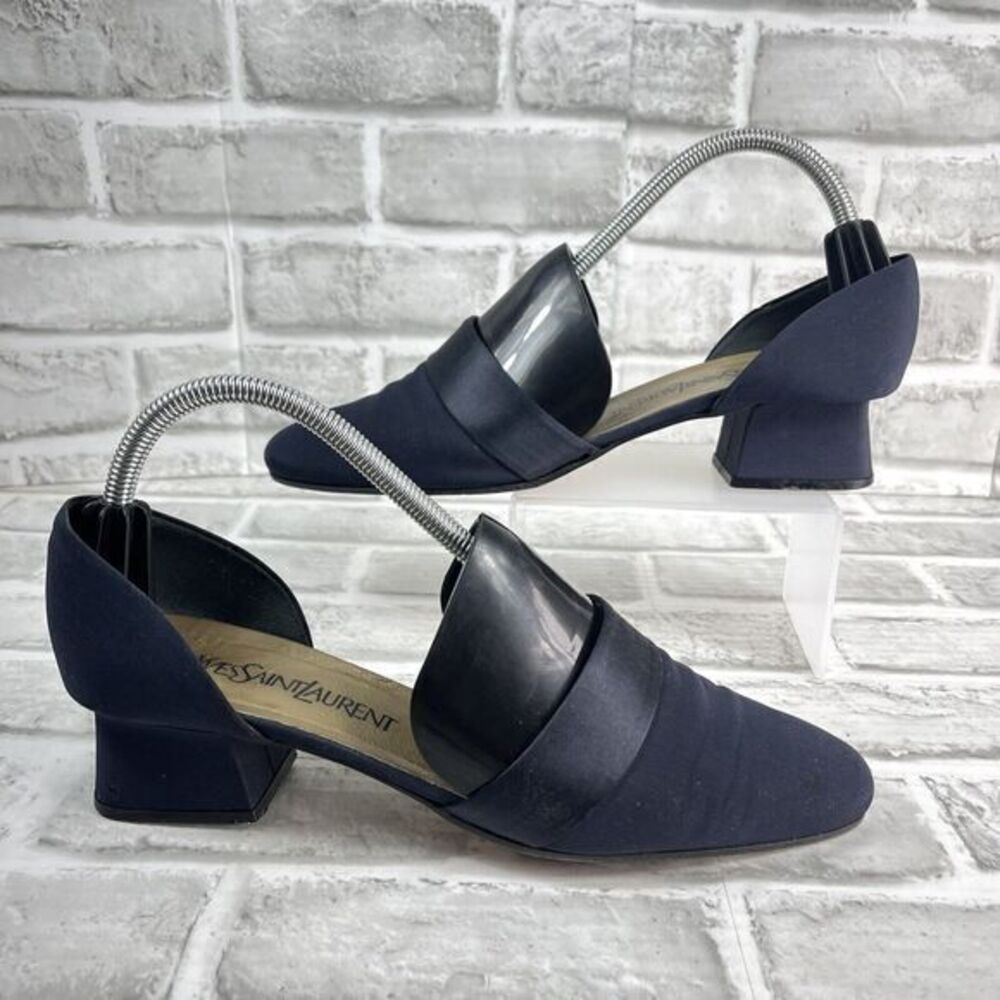 YSL YVES SAINT LAURENT Women's 8.5 Vintage Navy Blue D'Orsay Block Heel Pumps